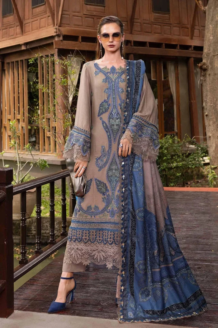 MB-3050 Unstitched Heavy Embroidered Dhanak Suit With Printed Wool Shawl