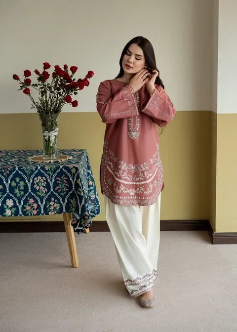 2 Piece - Unstitched Fully Embroidered Dhanak Suit With Embroidered Trouser
