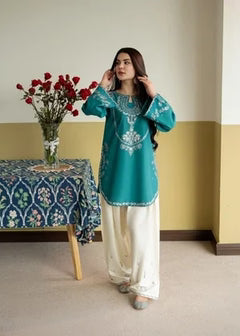 2 Piece - Unstitched Fully Embroidered Dhanak Suit With Embroidered Trouser