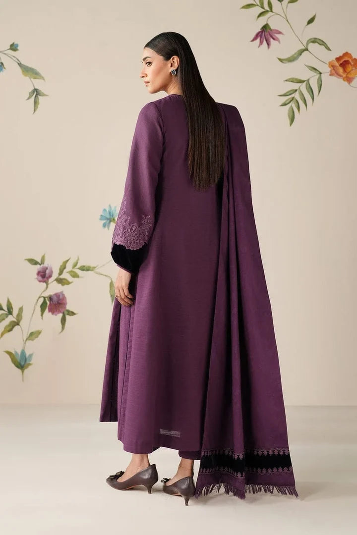 BQ-6433 Black Velvet Aplic Embroidered Dhanak Suit With Embroidered Dhanak Shawl