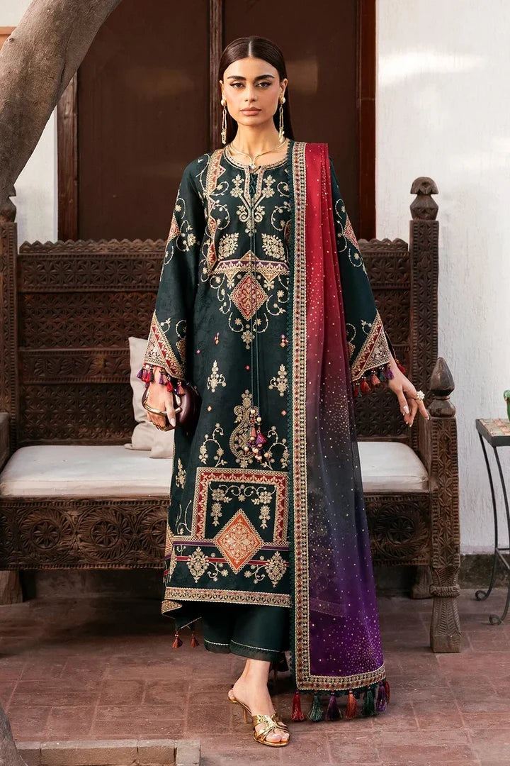 JZ-3050 Unstitched Embroidered Dhanak Suit With Printed Shawl