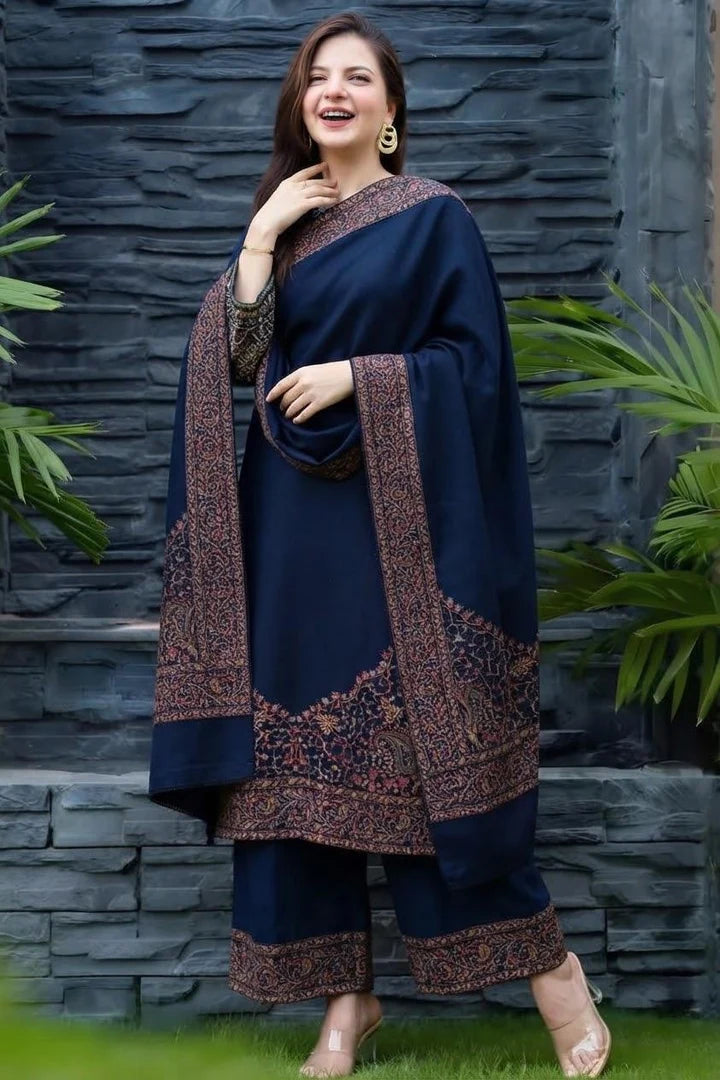 BT-2880A Unstitched Embroidered Dhanak Suit With Embroidered Dhanak Shawl