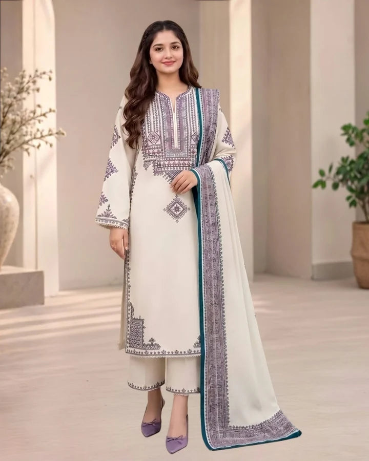 GA-313 Unstitched Fully Embroidered Dhanak Suit With Digital Printed Wool Shawl