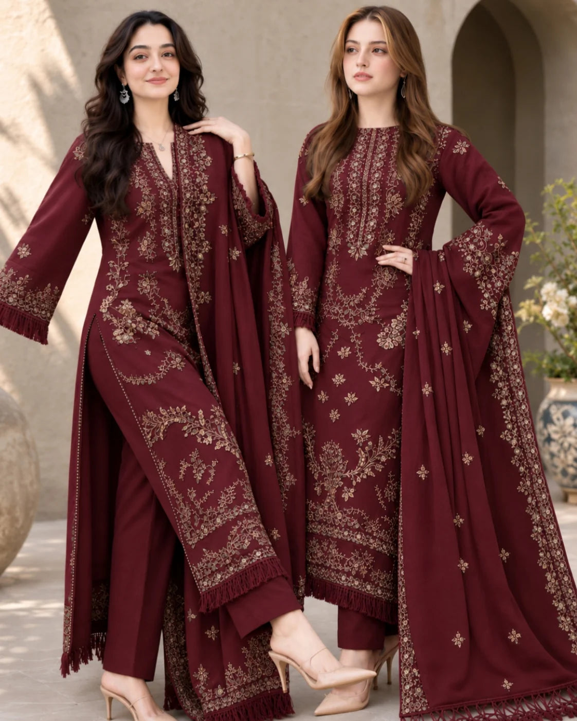 SR-NS40 (Mehroon) (8.2 Meters) Un-Stitched Dhanak Embroidered Suit With Dhanak Embroidered Shawl
