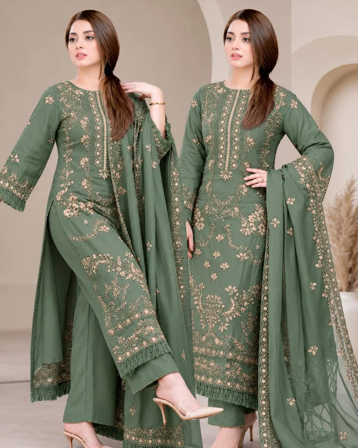 SR-NS41 (Sage Green) (8.2 Meters) Un-Stitched Dhanak Embroidered Suit With Dhanak Embroidered Shawl
