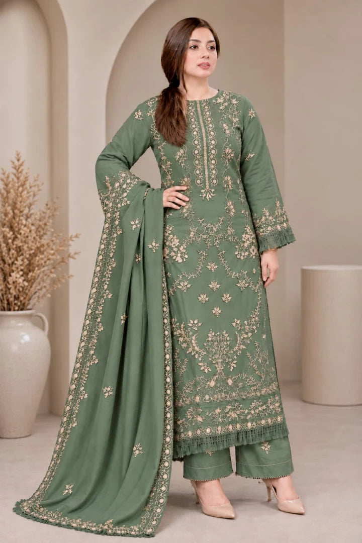 SR-NS41 (Sage Green) (8.2 Meters) Un-Stitched Dhanak Embroidered Suit With Dhanak Embroidered Shawl