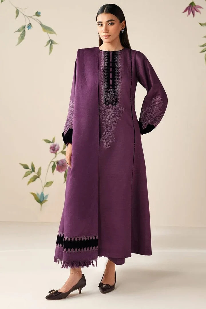 BQ-6433 Black Velvet Aplic Embroidered Dhanak Suit With Embroidered Dhanak Shawl
