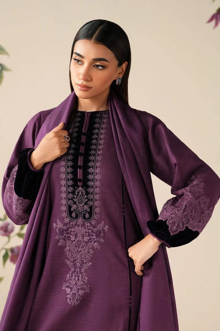 BQ-6433 Black Velvet Aplic Embroidered Dhanak Suit With Embroidered Dhanak Shawl