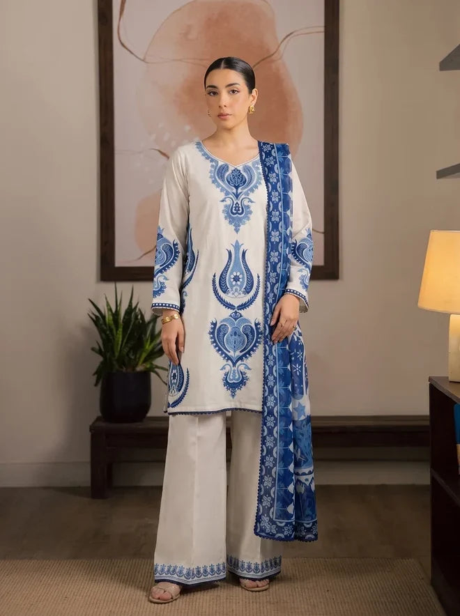 Dhanak Fabric - 3 Piece Unstitched Fully Embroidered Dress With Printed Shawl