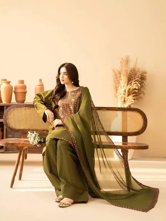 BT-2960 Unstitched Embroidered Dhanak Suit With Dhanak Embroidered Shawl