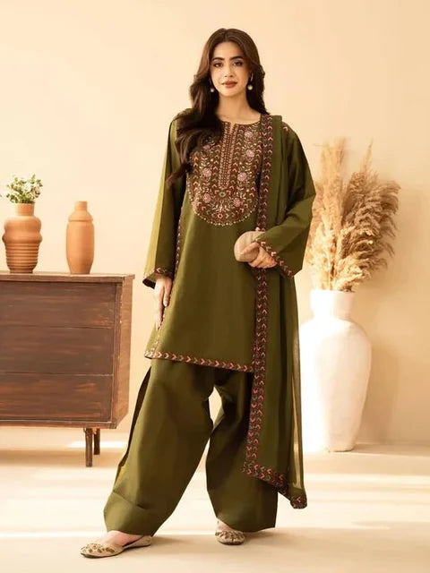 BT-2960 Unstitched Embroidered Dhanak Suit With Dhanak Embroidered Shawl