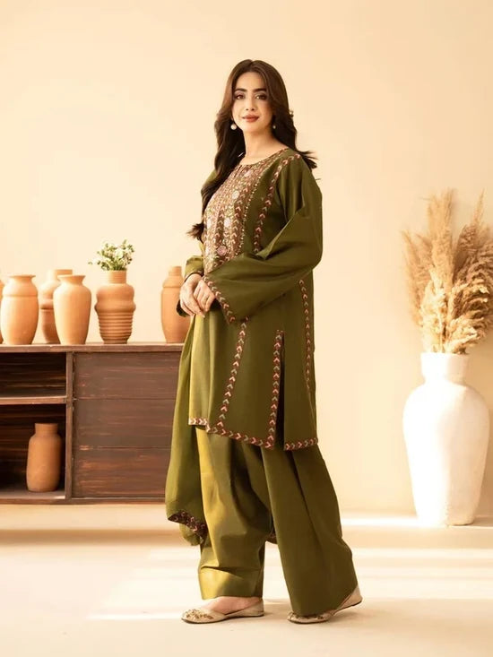 BT-2960 Unstitched Embroidered Dhanak Suit With Dhanak Embroidered Shawl