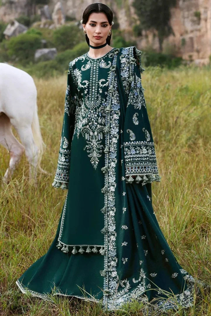 HR-3015 Unstitched Fully Embroidered Dhanak Suit With Fully Embroidered Dhanak Shawl