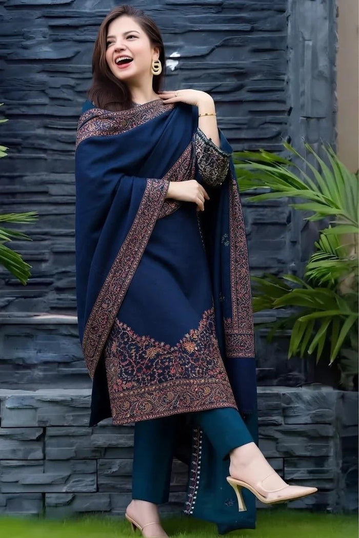 BT-2880A Unstitched Embroidered Dhanak Suit With Embroidered Dhanak Shawl