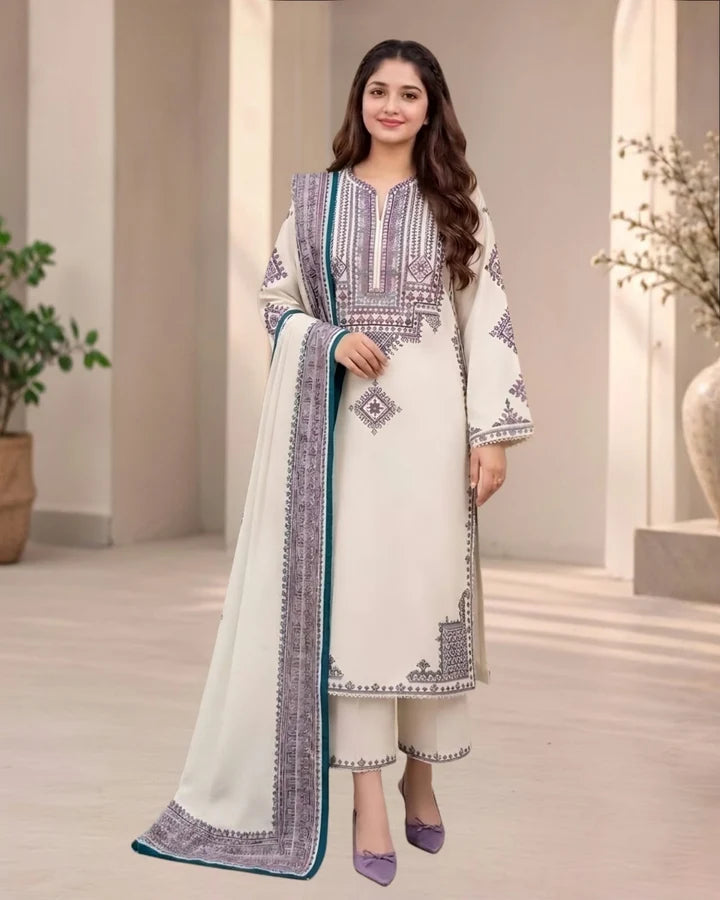 GA-313 Unstitched Fully Embroidered Dhanak Suit With Digital Printed Wool Shawl