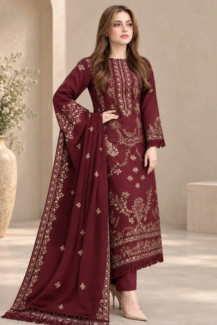 SR-NS40 (Mehroon) (8.2 Meters) Un-Stitched Dhanak Embroidered Suit With Dhanak Embroidered Shawl