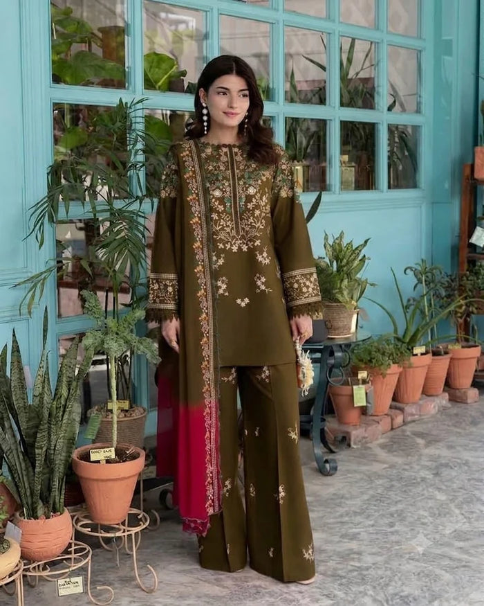 PZ-2634 Unstitched Fully Embroidered Dhanak Suit With Digital Printed Wool Shawl