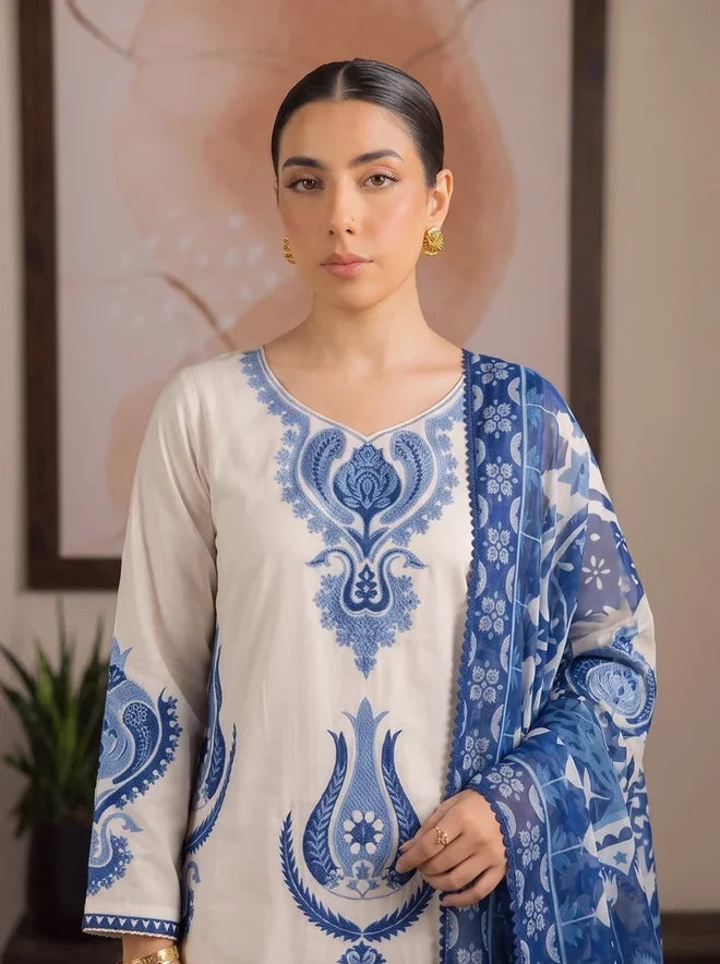 Dhanak Fabric - 3 Piece Unstitched Fully Embroidered Dress With Printed Shawl