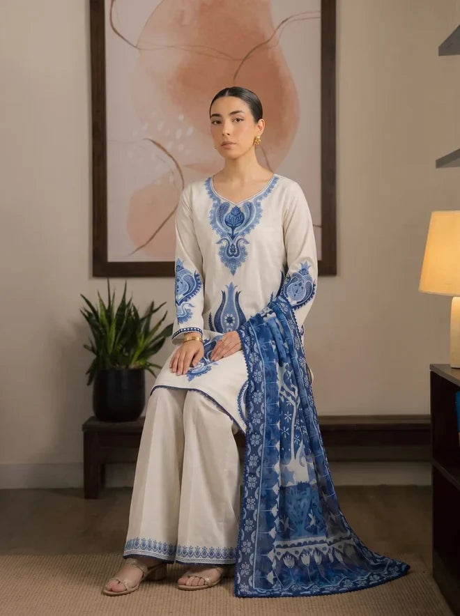 Dhanak Fabric - 3 Piece Unstitched Fully Embroidered Dress With Printed Shawl