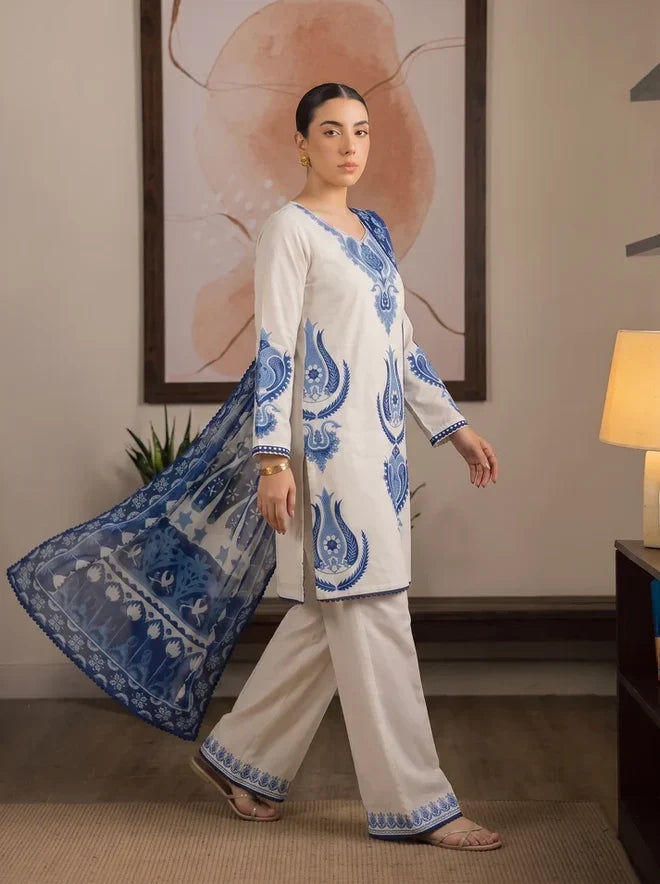 Dhanak Fabric - 3 Piece Unstitched Fully Embroidered Dress With Printed Shawl