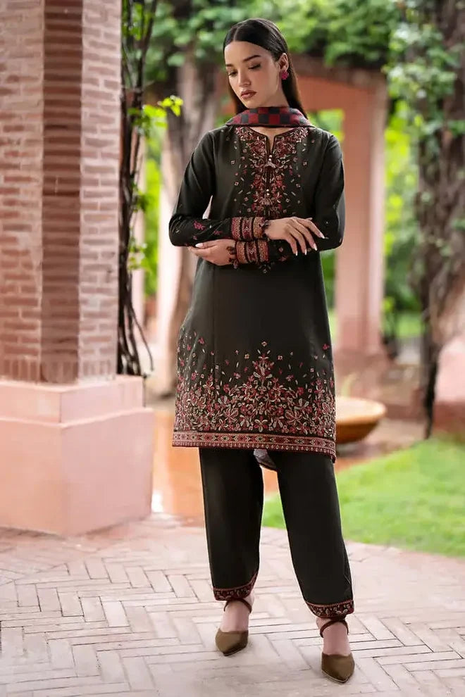 JZ-3035 Unstitched Heavy Embroidered Dhanak Suit With Printed Woolen Shawl