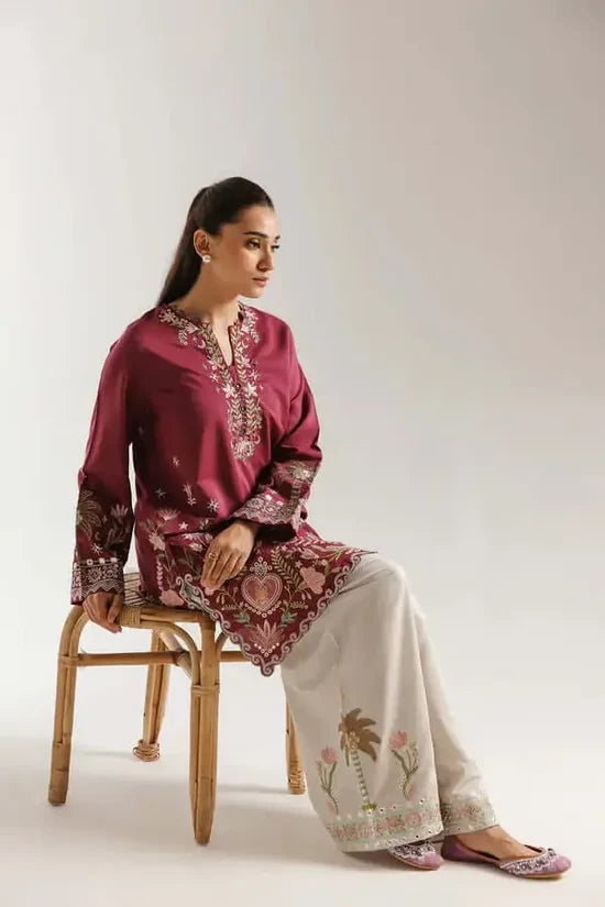 2 Piece - Unstitched Fully Embroidered Dhanak Suit With Embroidered Trouser