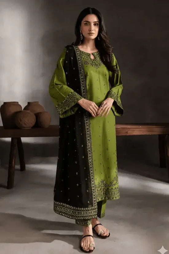 BT-3090 Unstitched Heavy Embroidered Dhanak Suit With Four-sided Embroidered Dhanak Shawl
