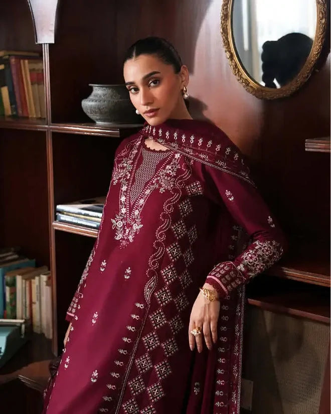 CR-2970 Unstitched Heavy Embroidered Dhanak Suit With Four-sided Embroidered Dhanak Shawl
