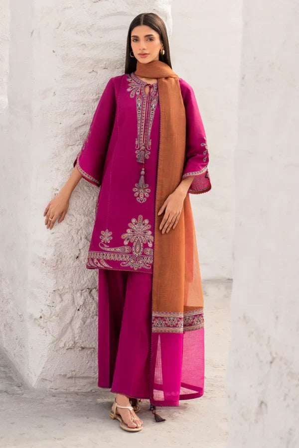 JZ-2830 3 Piece – Unstitched Embroidered Lawn Fabric With Embroidered Chiffon Dupatta