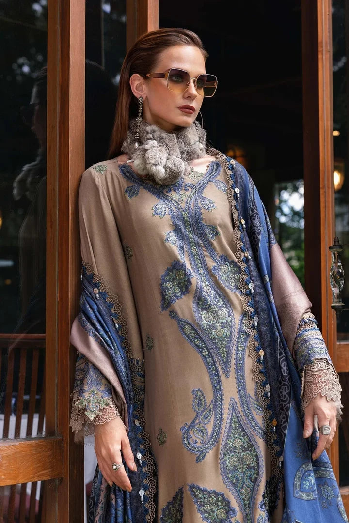 MB-3050 Unstitched Heavy Embroidered Dhanak Suit With Printed Wool Shawl