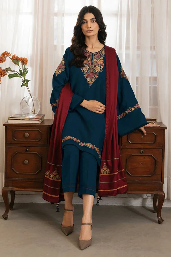 JZ-3030 Unstitched Embroidered Dhanak Suit With Embroidered Dhanak Shawl