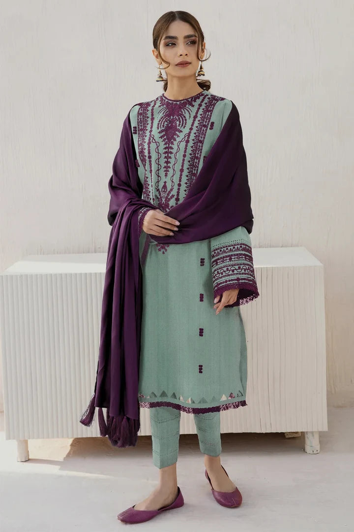JZ-2905 Unstitched Embroidered Dhanak Suit With Plain Dhanak Shawl
