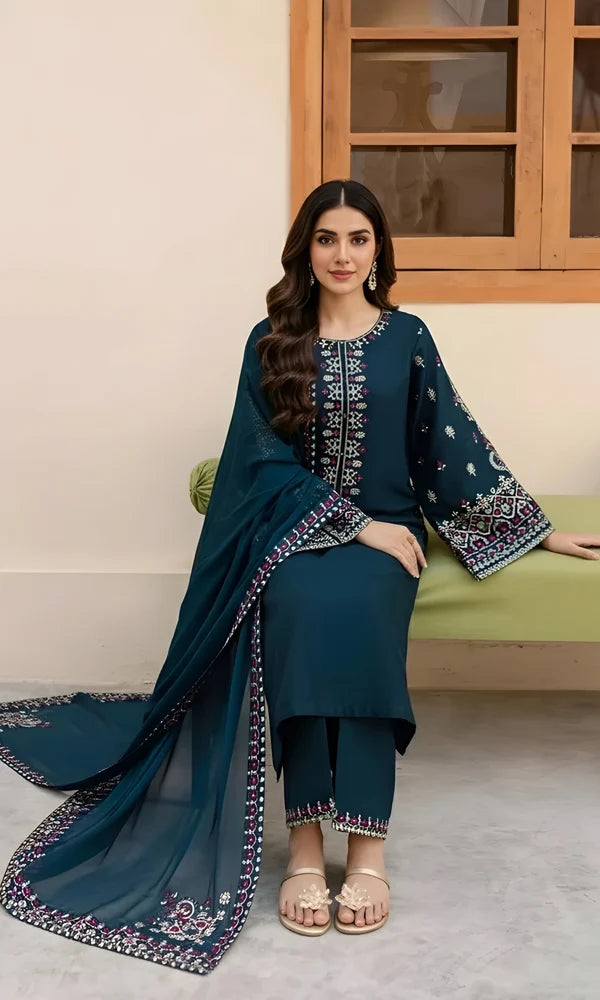 SR-LM585 Unstitched Embroidered Lawn Suit 3pc With Bamber Chiffon Embroidered Dupatta