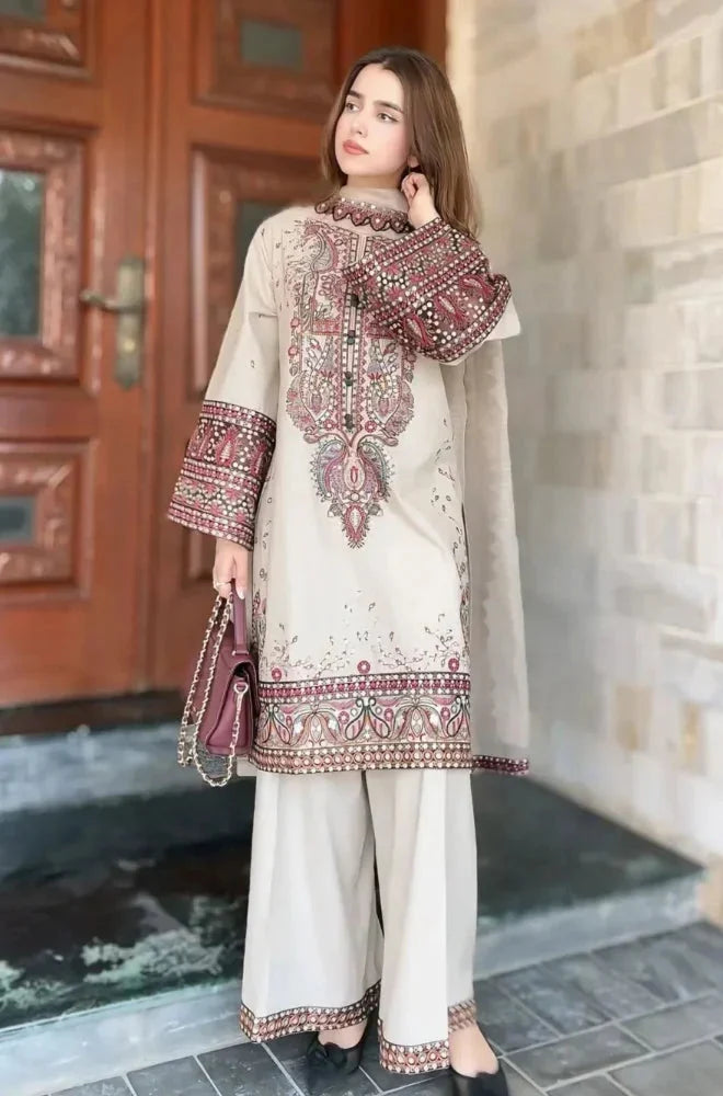 LM-2965 Unstitched Embroidered Dhanak Suit with Dhanak Embroidered Shawl
