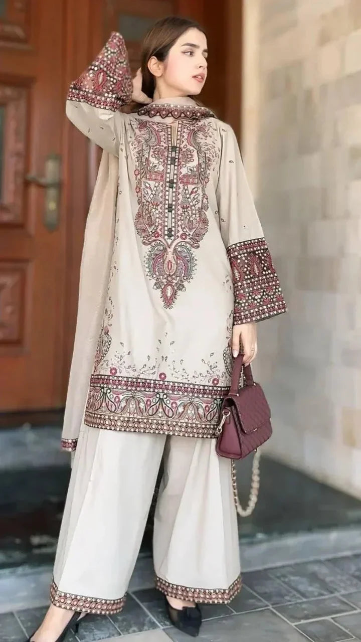 LM-2965 Unstitched Embroidered Dhanak Suit with Dhanak Embroidered Shawl