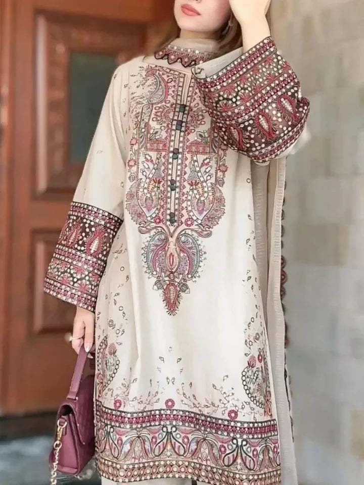 LM-2965 Unstitched Embroidered Dhanak Suit with Dhanak Embroidered Shawl