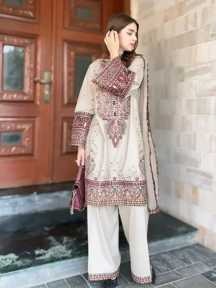 LM-2965 Unstitched Embroidered Dhanak Suit with Dhanak Embroidered Shawl