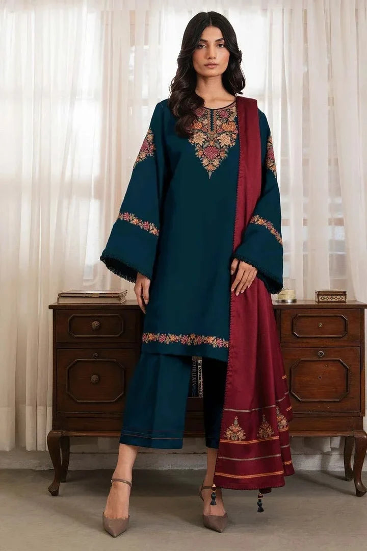JZ-3030 Unstitched Embroidered Dhanak Suit With Embroidered Dhanak Shawl