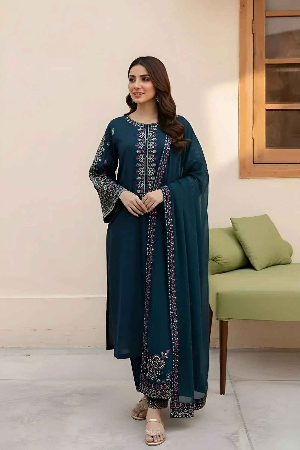 SR-LM585 Unstitched Embroidered Lawn Suit 3pc With Bamber Chiffon Embroidered Dupatta