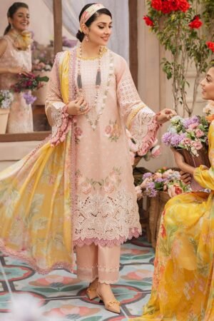 MS-22 Embroidered Unstitched 3Pc Chikenkari Lawn Suit With Silk Printed Dupatta