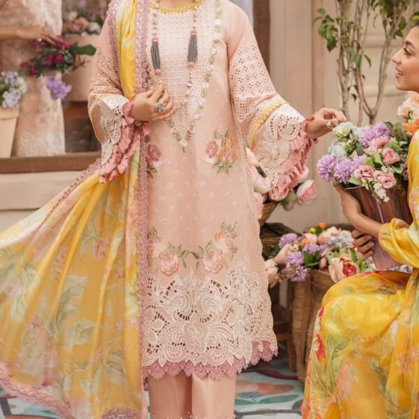 MS-22 Embroidered Unstitched 3Pc Chikenkari Lawn Suit With Silk Printed Dupatta