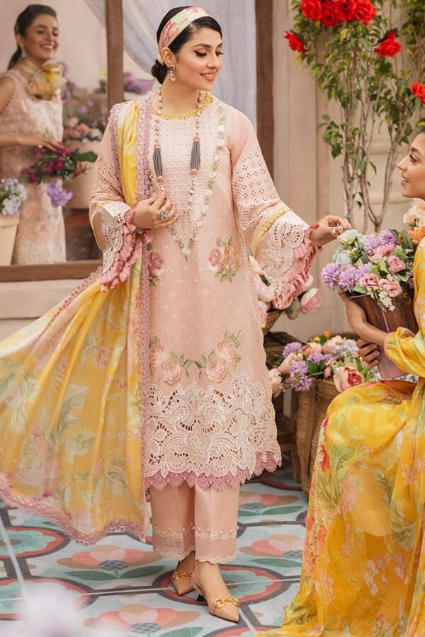 MS-22 Embroidered Unstitched 3Pc Chikenkari Lawn Suit With Silk Printed Dupatta