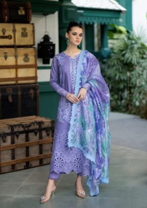 OR-86  Lawn Unstitched 3pc Fully Embroidered Suit With Cotton Net Silky Printed Dupatta 4 Sided Embroidered Lace