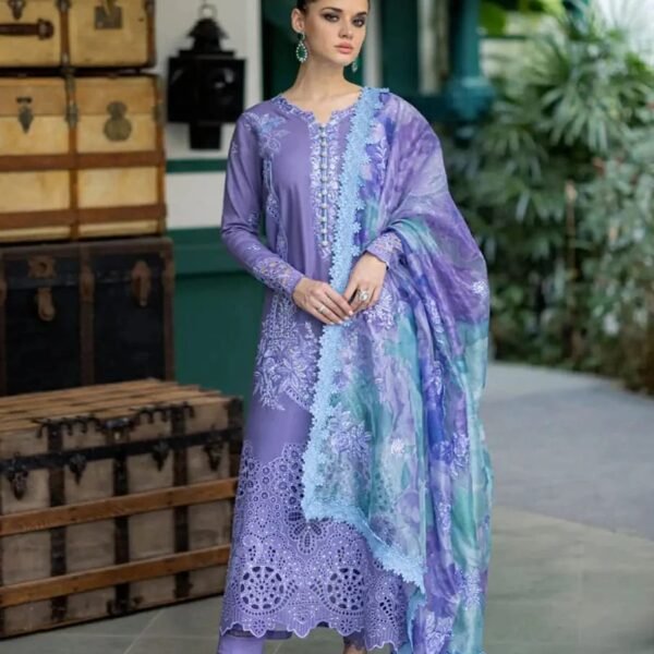 OR-86  Lawn Unstitched 3pc Fully Embroidered Suit With Cotton Net Silky Printed Dupatta 4 Sided Embroidered Lace