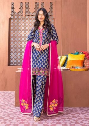 MB 112 Digital Printed Lawn 3pc Suit With Digital Printed Poly Lawn Dupatta & Embroidered Patches