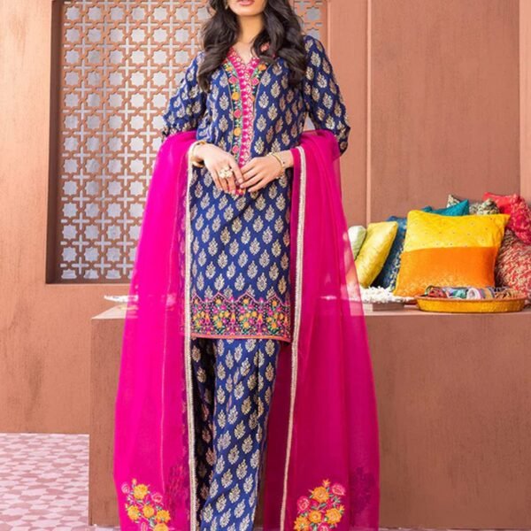MB 112 Digital Printed Lawn 3pc Suit With Digital Printed Poly Lawn Dupatta & Embroidered Patches