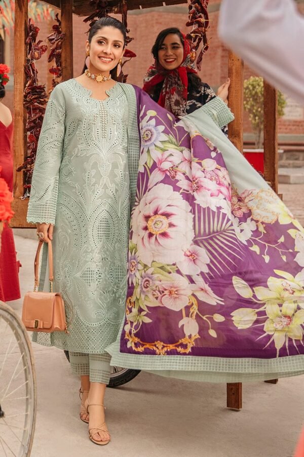 MS-42 Embroidered Chikenkari Unstitched Lawn 3pc Suit With Silk Printed Dupatta