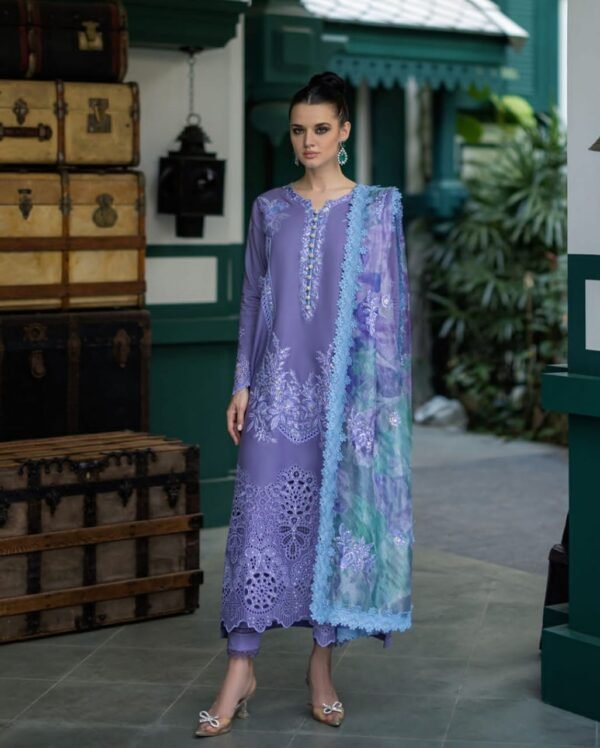 OR-86  Lawn Unstitched 3pc Fully Embroidered Suit With Cotton Net Silky Printed Dupatta 4 Sided Embroidered Lace