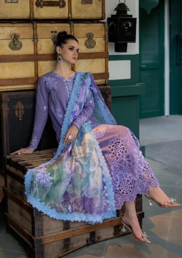 OR-86  Lawn Unstitched 3pc Fully Embroidered Suit With Cotton Net Silky Printed Dupatta 4 Sided Embroidered Lace