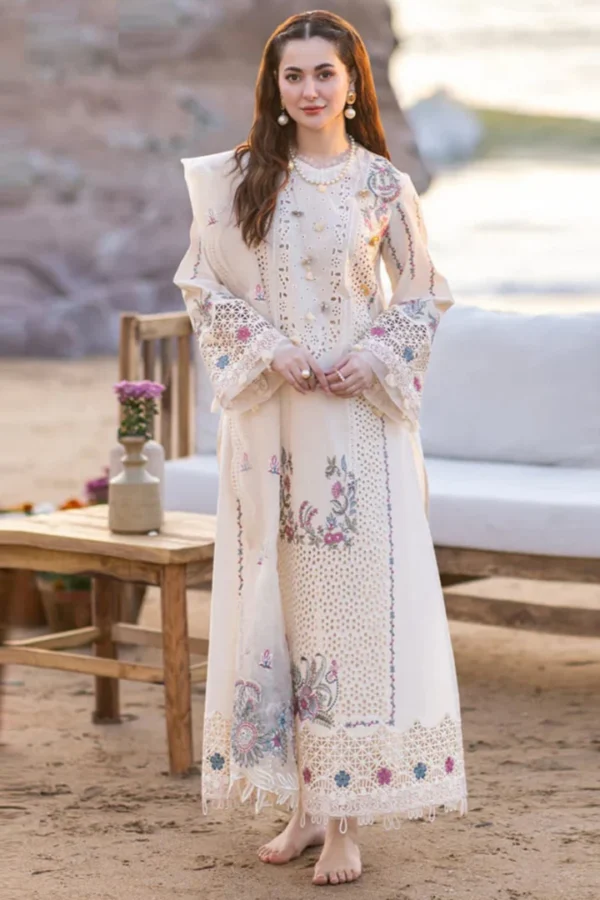 QL2605 Lawn Unstitched Embroidered 3pc Suit With Organza Embroidered Dupatta